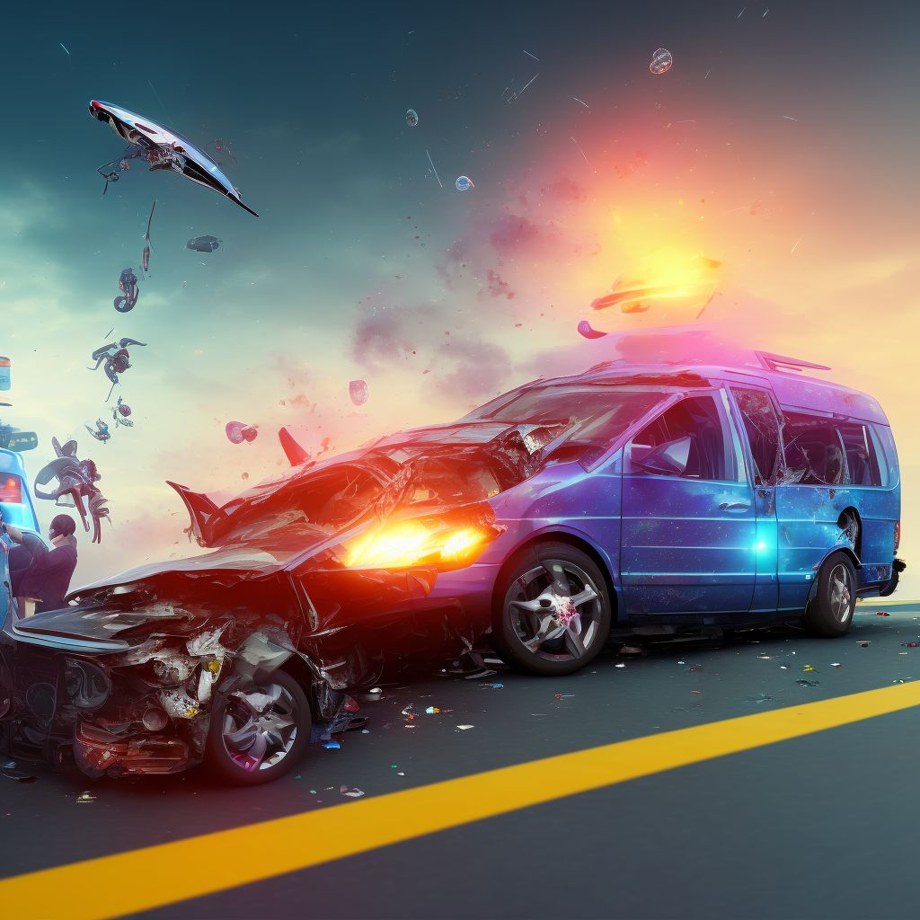 Person on outside of bus injured in collision with two- or three-wheeled motor vehicle in traffic accident, initial encounter digital illustration