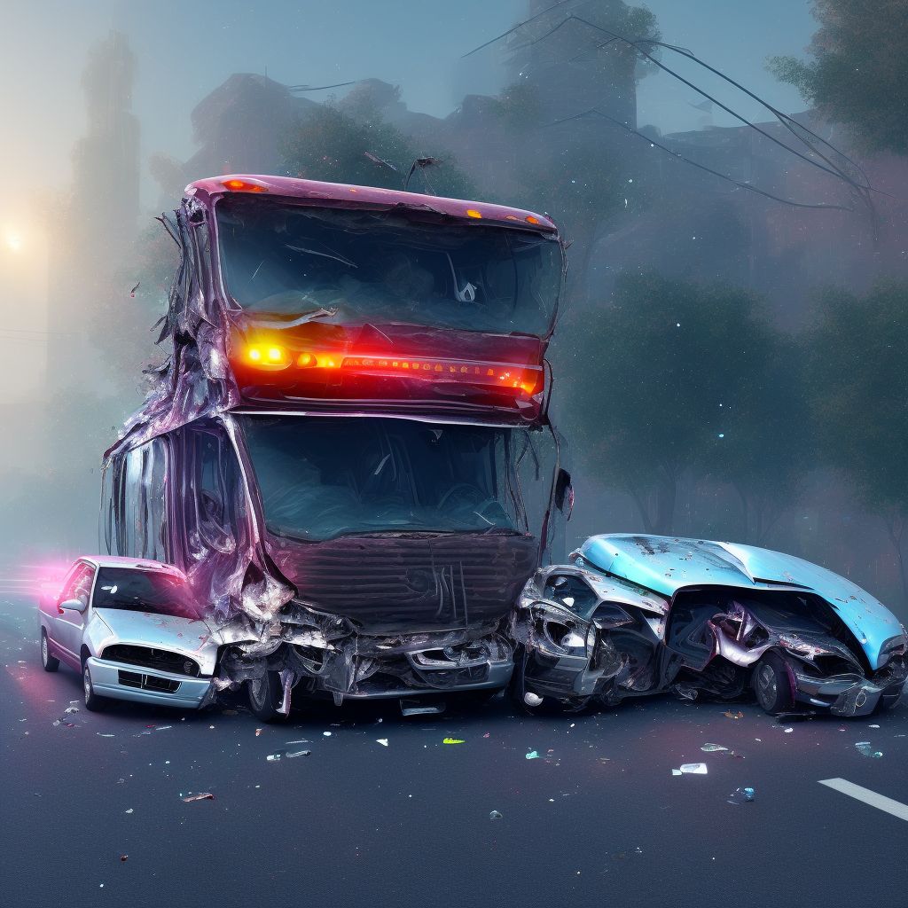 Passenger on bus injured in collision with car, pick-up truck or van in nontraffic accident, initial encounter digital illustration