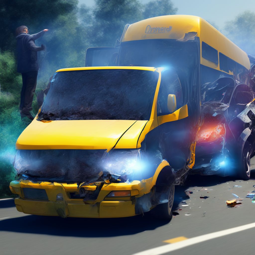 Person on outside of bus injured in collision with car, pick-up truck or van in nontraffic accident, subsequent encounter digital illustration