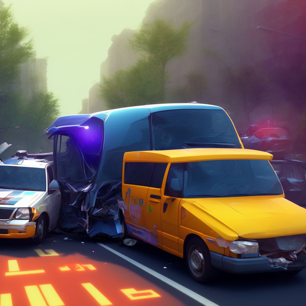 Driver of bus injured in collision with car, pick-up truck or van in traffic accident, sequela digital illustration