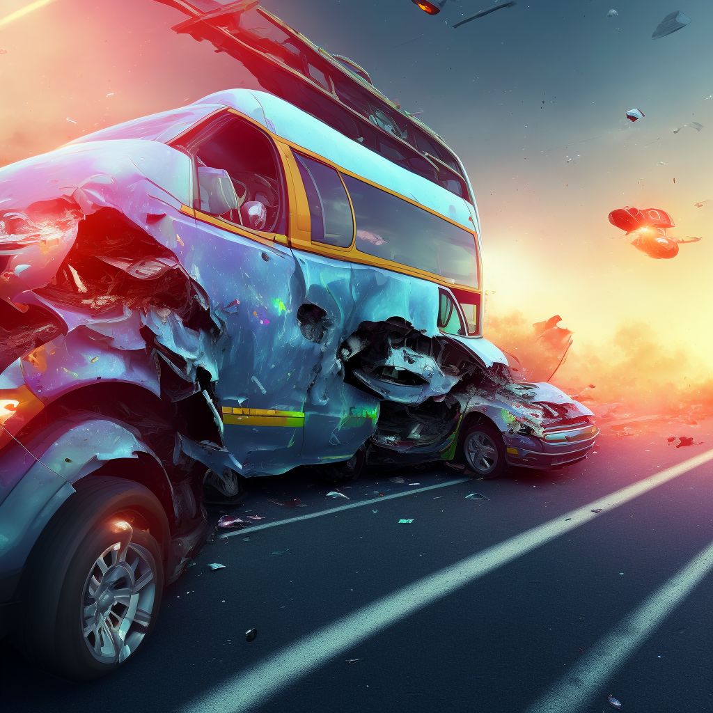 Passenger on bus injured in collision with car, pick-up truck or van in traffic accident, initial encounter digital illustration