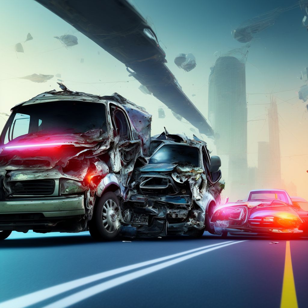 Passenger on bus injured in collision with car, pick-up truck or van in traffic accident, subsequent encounter digital illustration