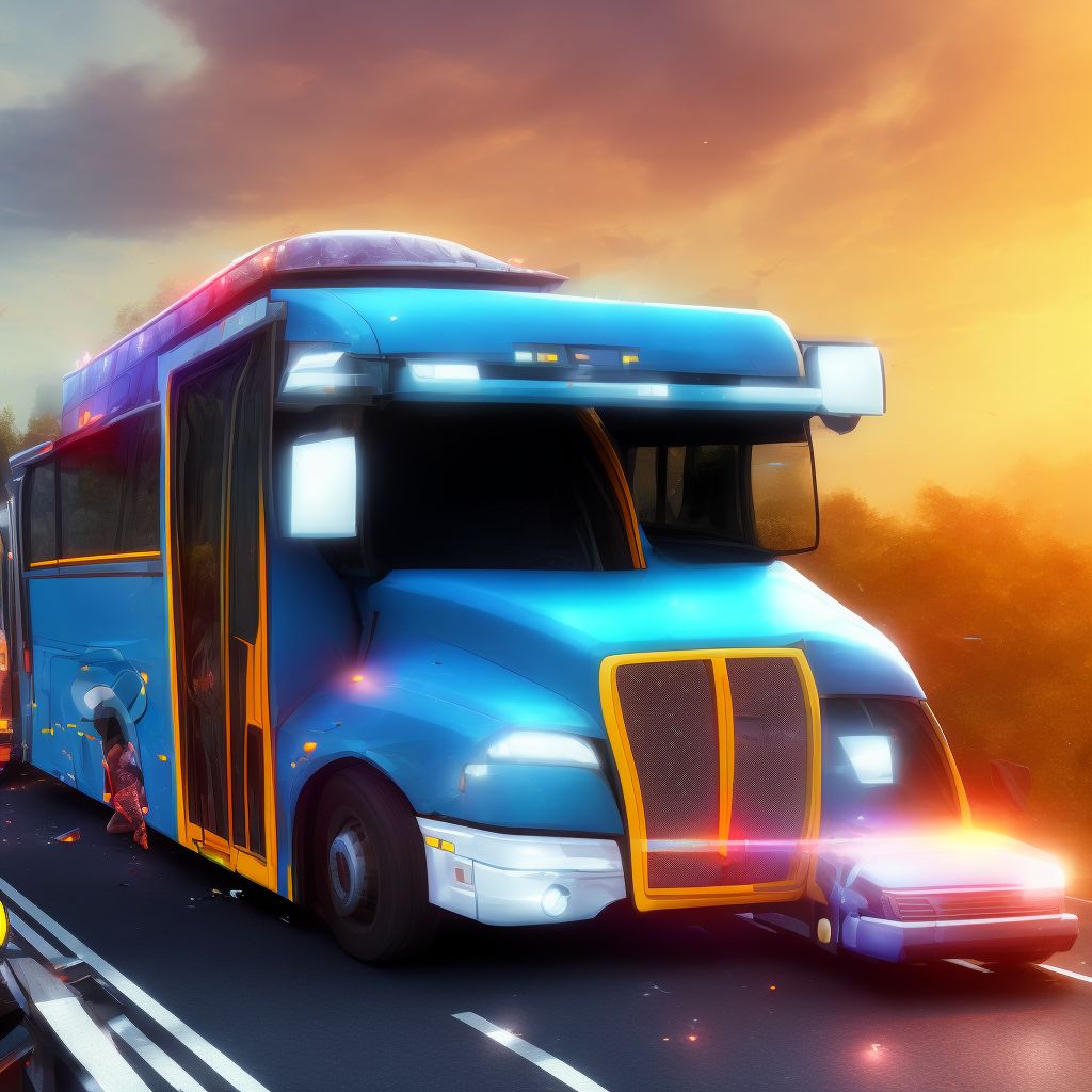 Passenger on bus injured in collision with heavy transport vehicle or bus in nontraffic accident, subsequent encounter digital illustration