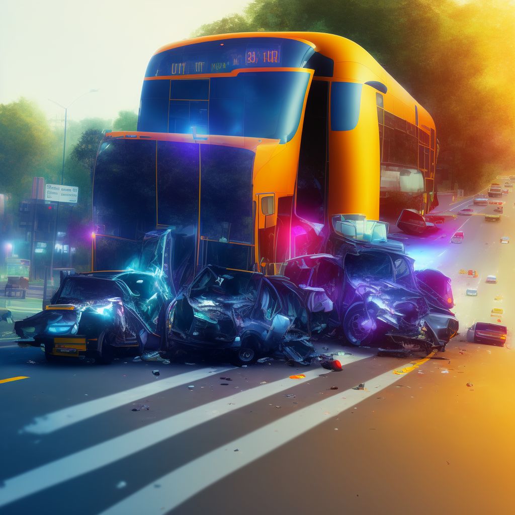 Driver of bus injured in collision with heavy transport vehicle or bus in traffic accident, subsequent encounter digital illustration