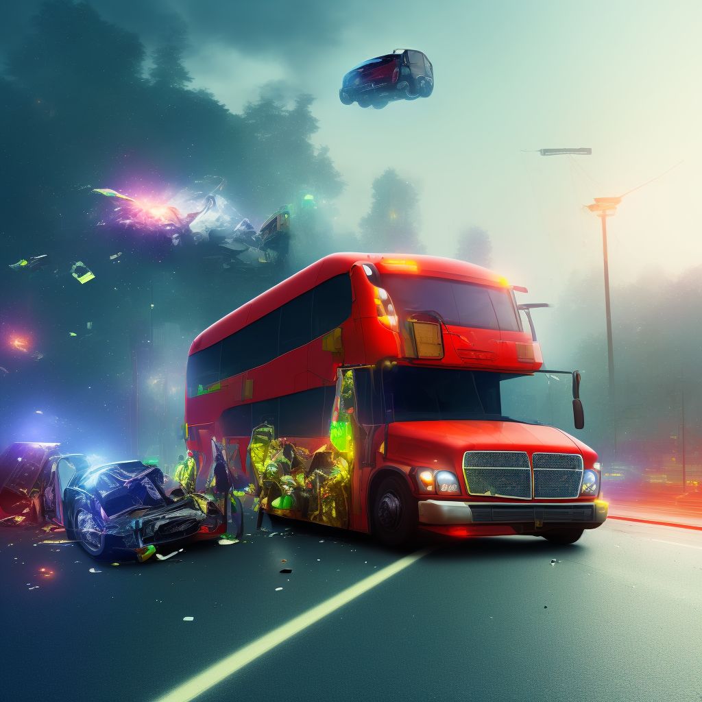 Passenger on bus injured in collision with heavy transport vehicle or bus in traffic accident, subsequent encounter digital illustration