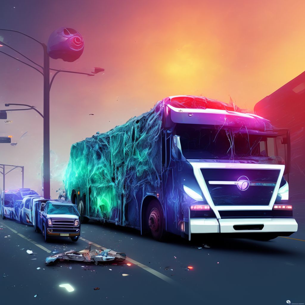 Passenger on bus injured in collision with heavy transport vehicle or bus in traffic accident, sequela digital illustration