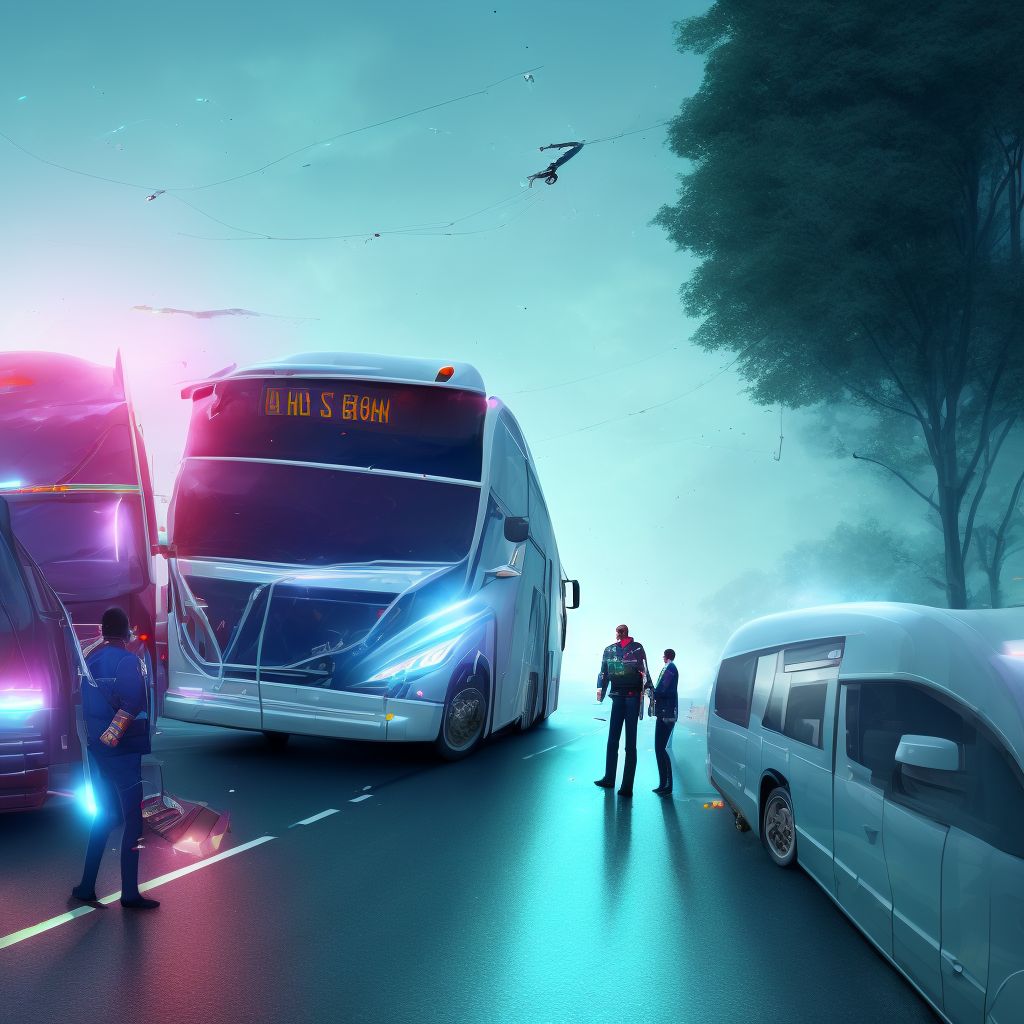 Person on outside of bus injured in collision with heavy transport vehicle or bus in traffic accident, initial encounter digital illustration