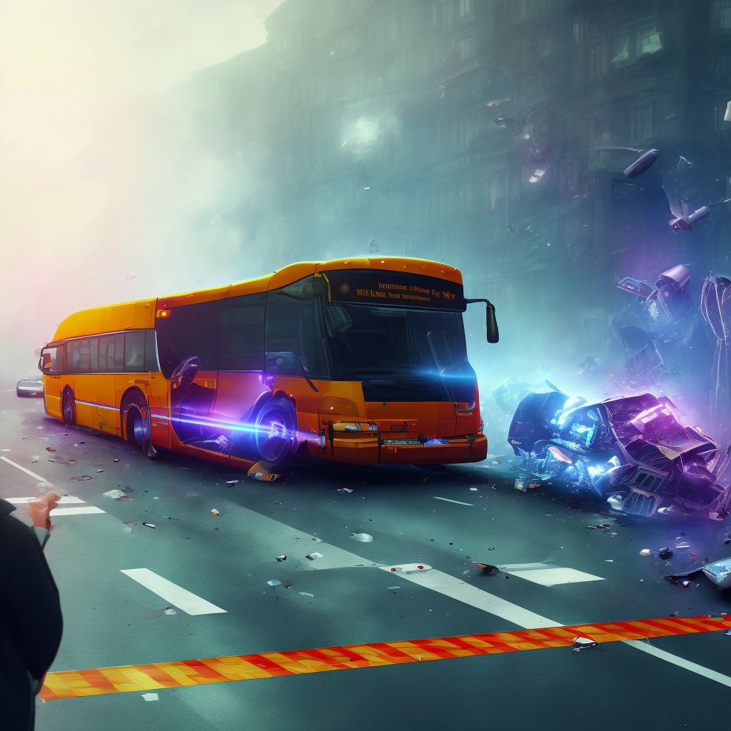 Person on outside of bus injured in collision with heavy transport vehicle or bus in traffic accident, subsequent encounter digital illustration