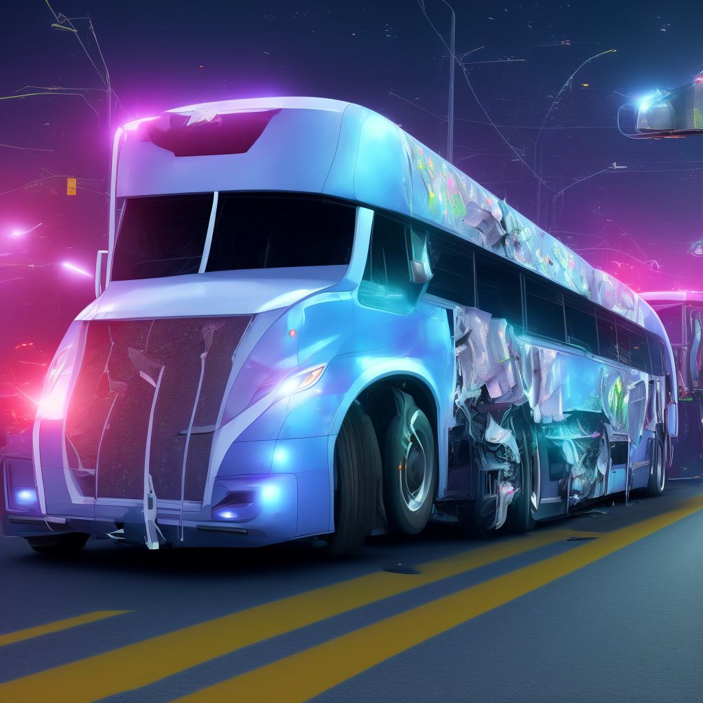 Unspecified occupant of bus injured in collision with heavy transport vehicle or bus in traffic accident, initial encounter digital illustration