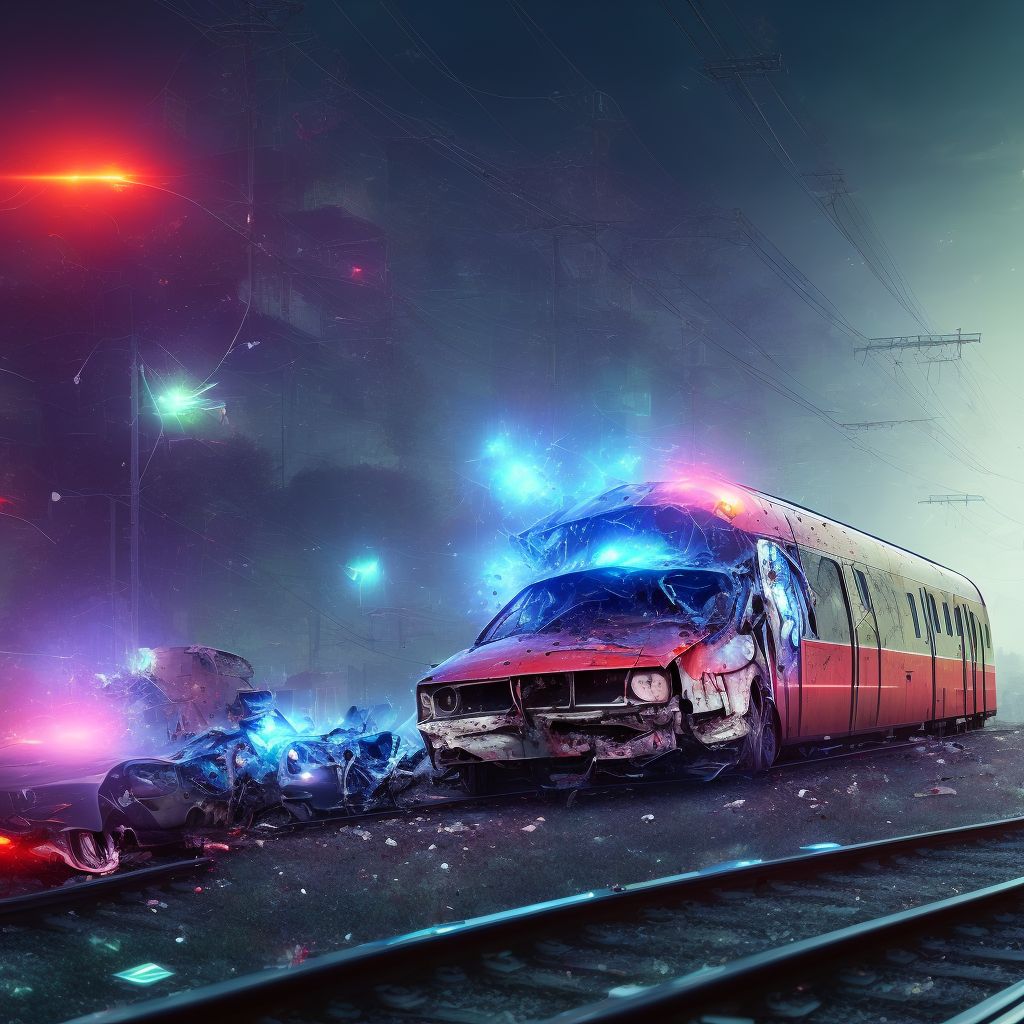 Unspecified occupant of bus injured in collision with railway train or railway vehicle in traffic accident, subsequent encounter digital illustration