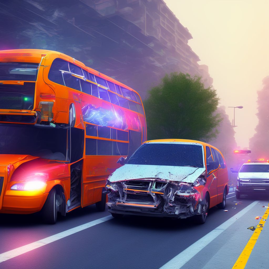 Driver of bus injured in collision with fixed or stationary object in traffic accident, subsequent encounter digital illustration