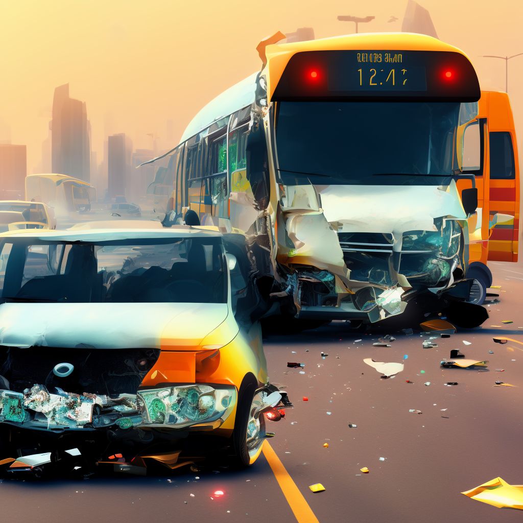 Driver of bus injured in collision with fixed or stationary object in traffic accident, sequela digital illustration