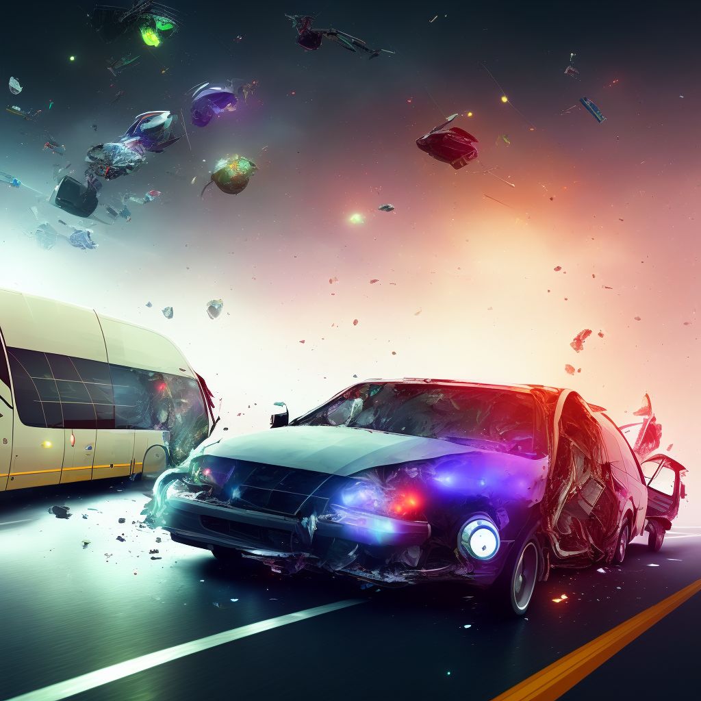 Passenger on bus injured in collision with fixed or stationary object in traffic accident, sequela digital illustration