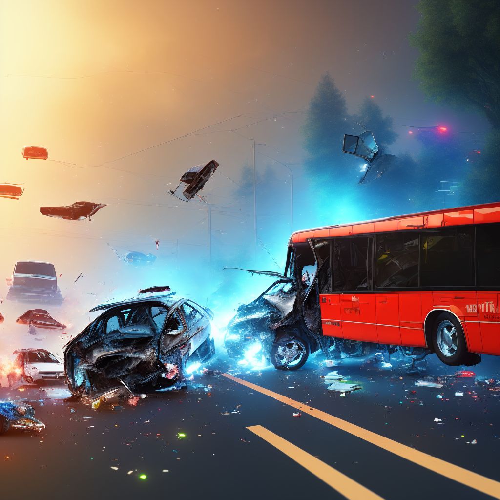 Driver of bus injured in collision with other motor vehicles in traffic accident, initial encounter digital illustration