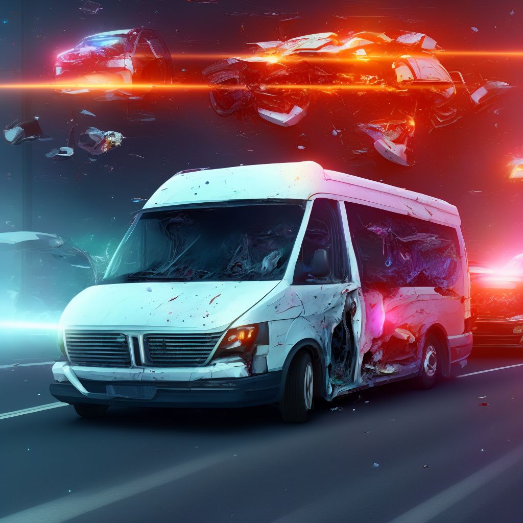 Passenger on bus injured in collision with unspecified motor vehicles in traffic accident, subsequent encounter digital illustration