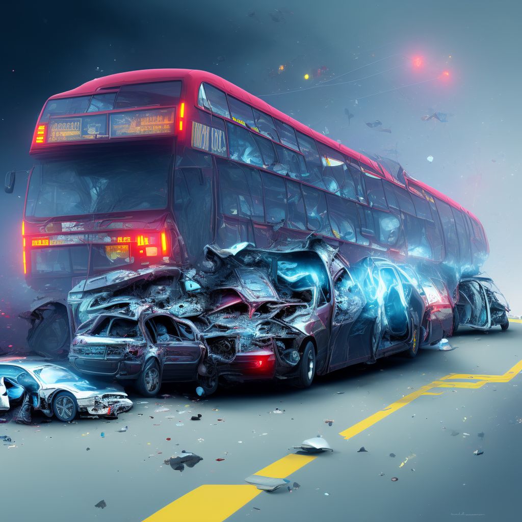 Unspecified bus occupant injured in collision with other motor vehicles in traffic accident, subsequent encounter digital illustration