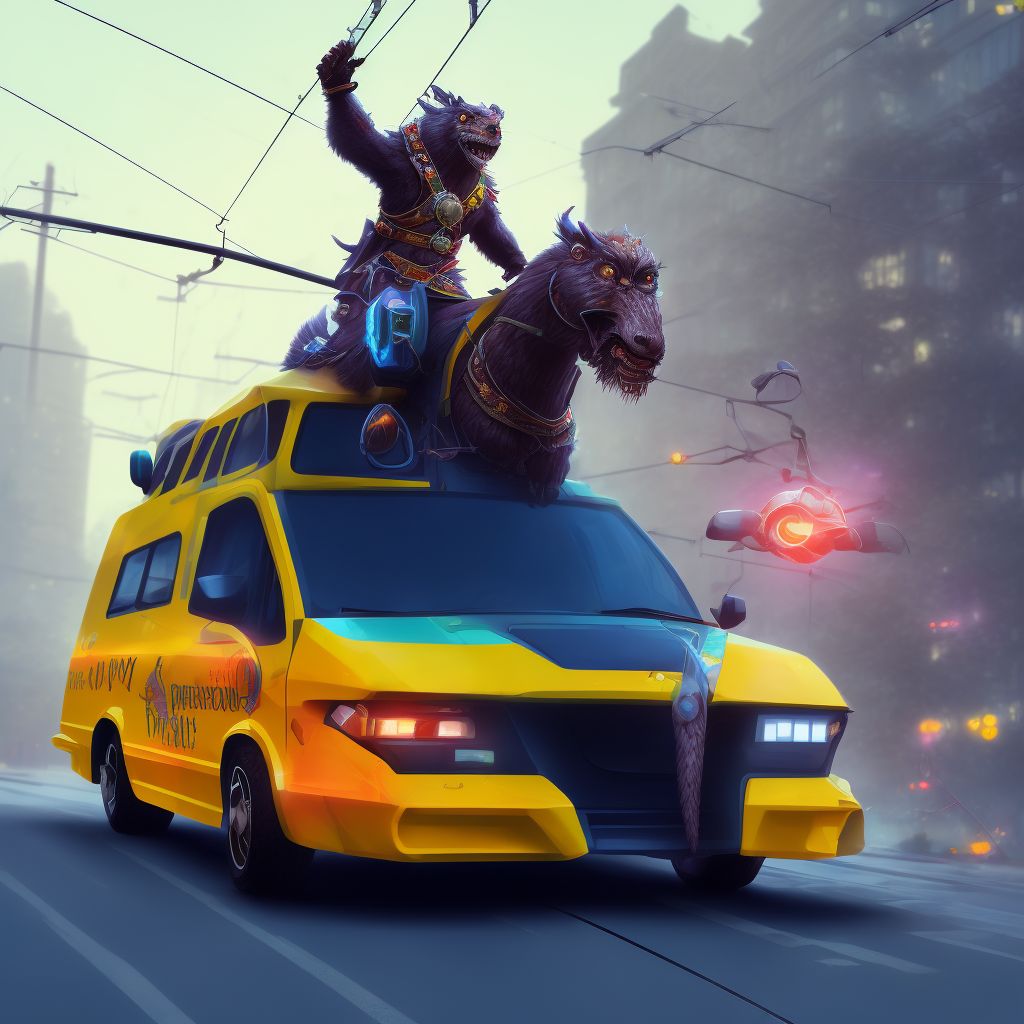 Animal-rider injured in collision with streetcar, subsequent encounter digital illustration