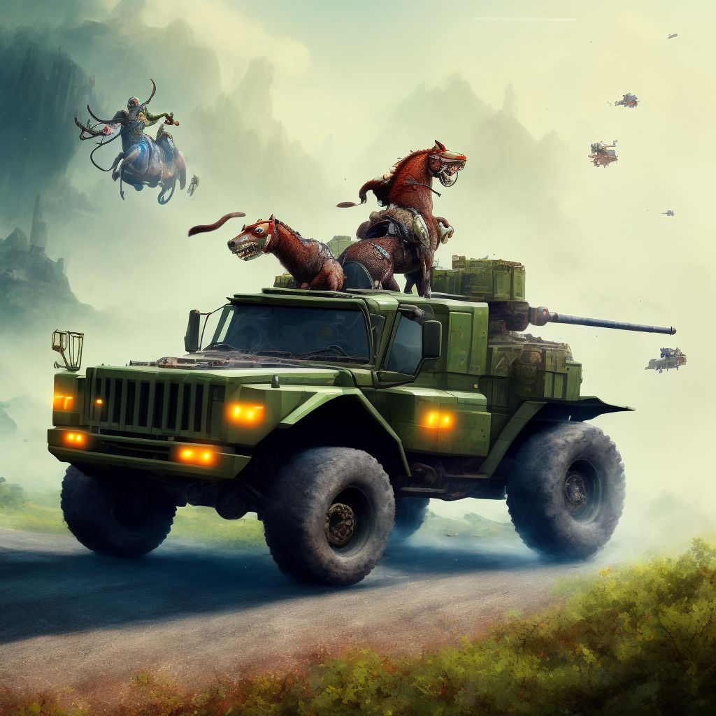 Animal-rider injured in transport accident with military vehicle, sequela digital illustration