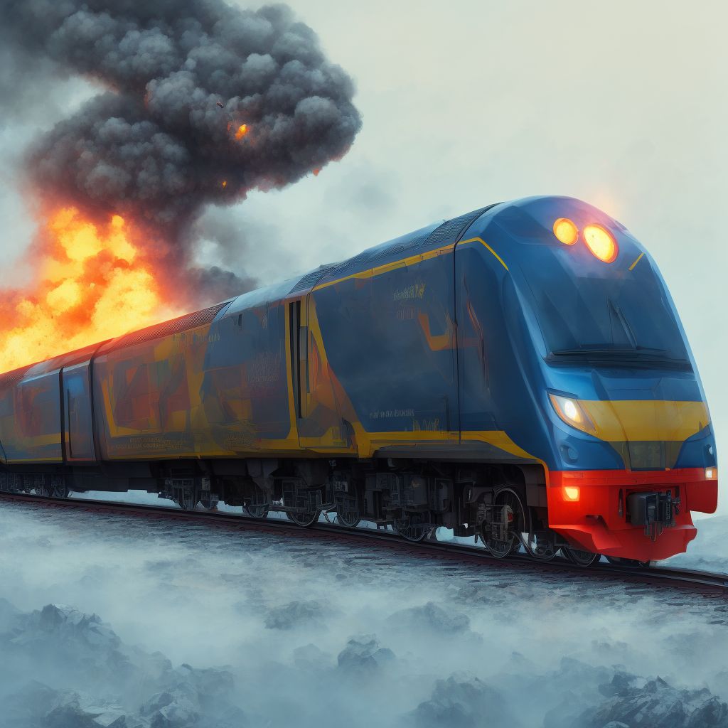 Occupant of railway train or railway vehicle injured due to explosion or fire on train, subsequent encounter digital illustration