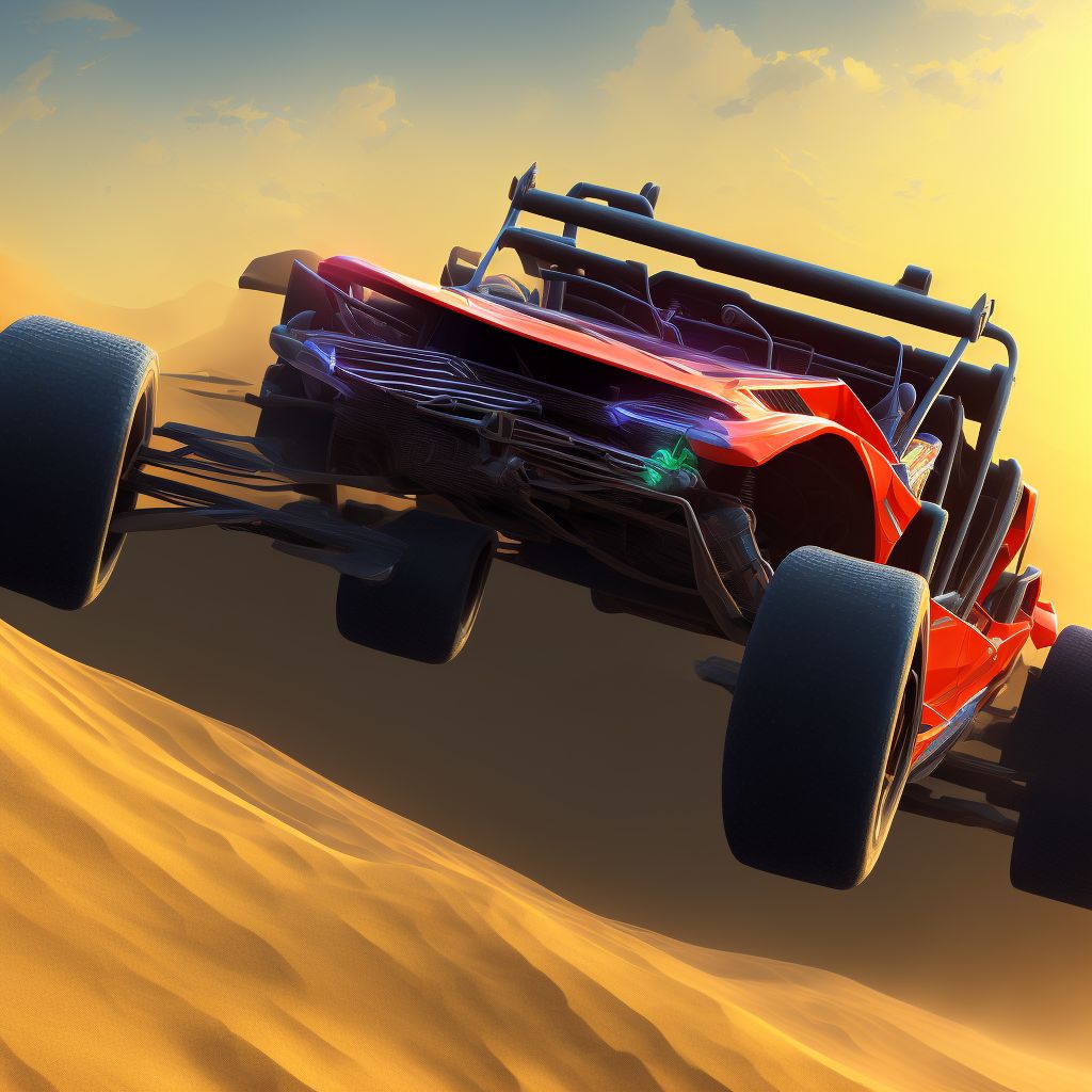 Driver of dune buggy injured in traffic accident, sequela digital illustration