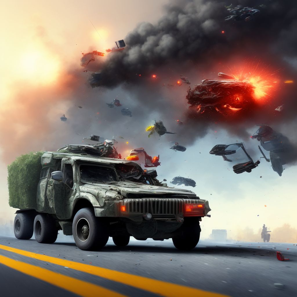 Driver of military vehicle injured in traffic accident, subsequent encounter digital illustration