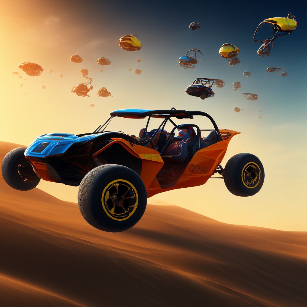 Passenger of dune buggy injured in traffic accident, sequela digital illustration