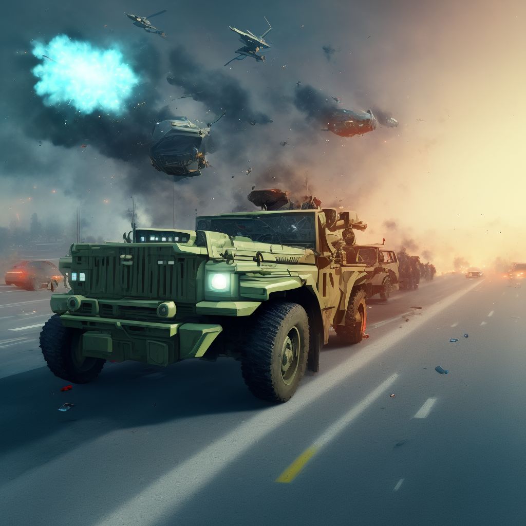 Passenger of military vehicle injured in traffic accident, initial encounter digital illustration