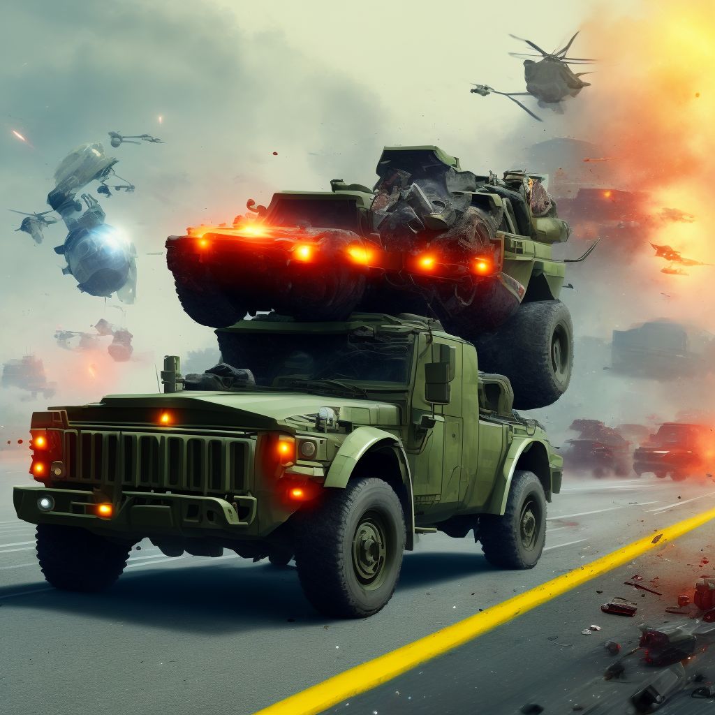 Passenger of military vehicle injured in traffic accident, subsequent encounter digital illustration