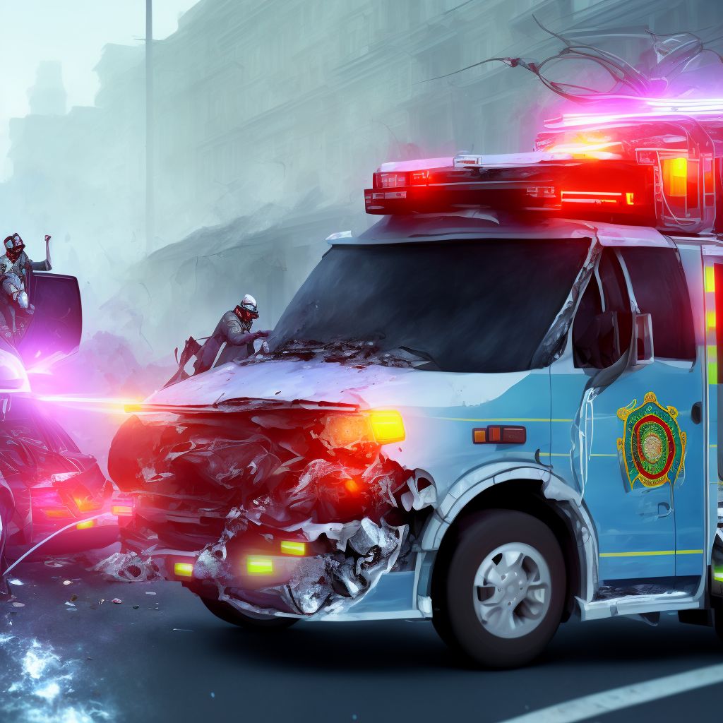 Person on outside of ambulance or fire engine injured in traffic accident, sequela digital illustration