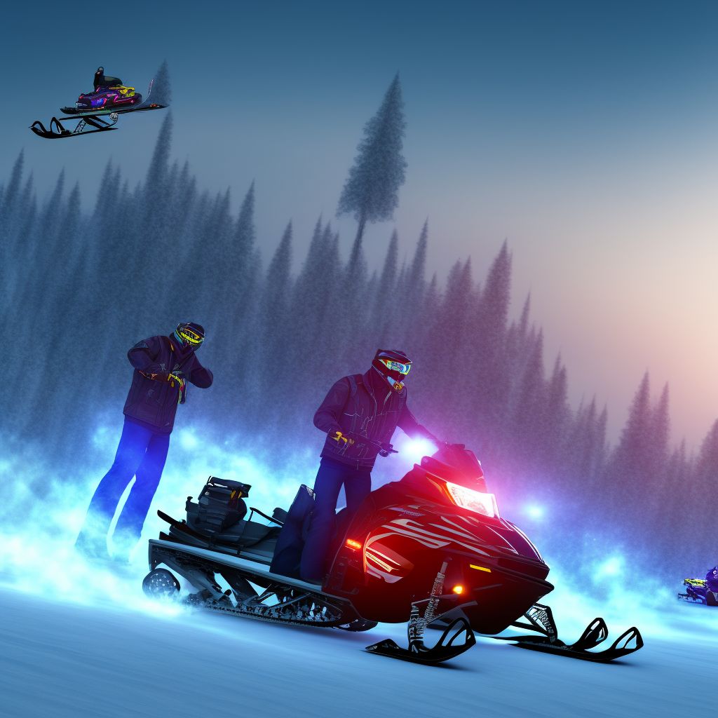 Person on outside of snowmobile injured in traffic accident, initial encounter digital illustration