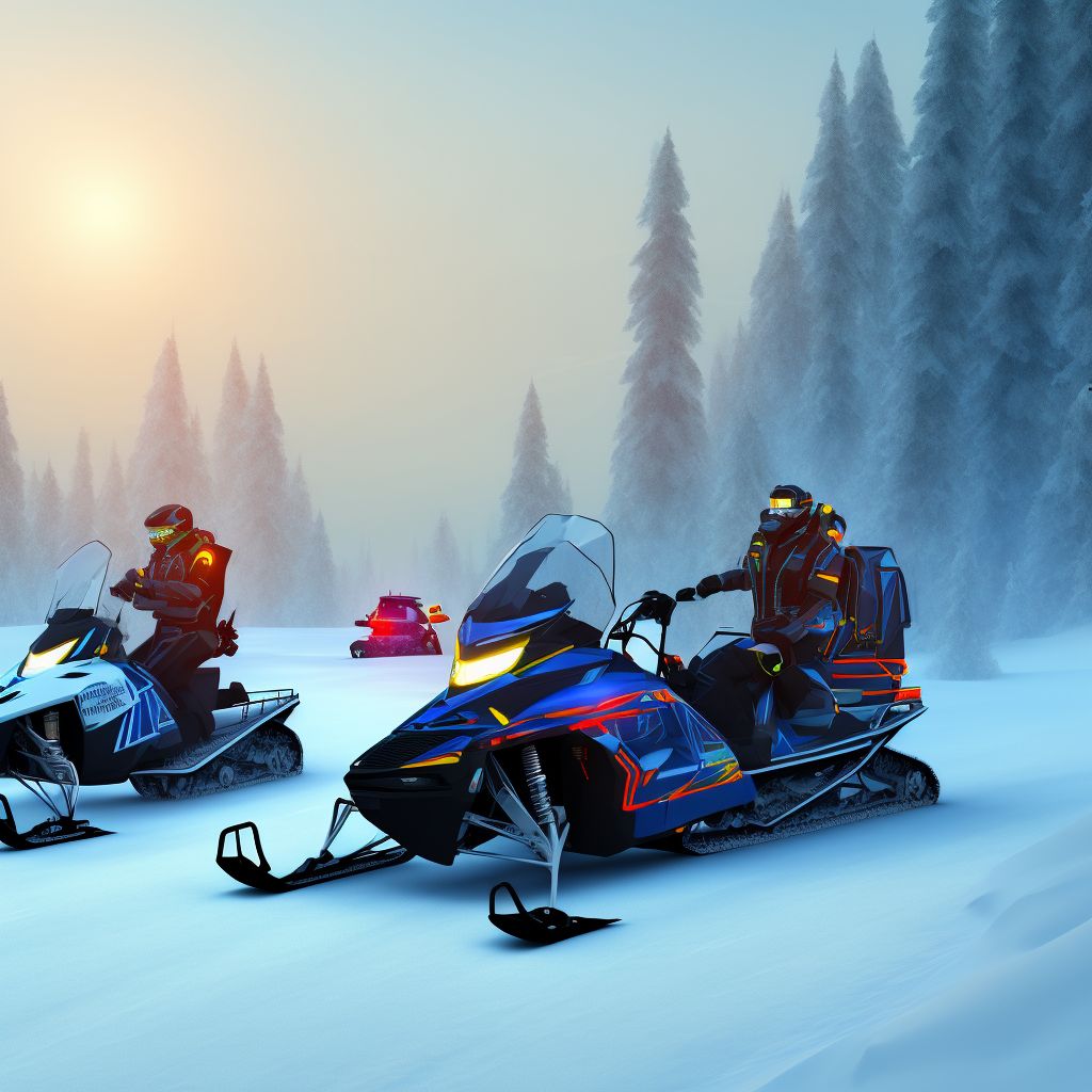 Person on outside of snowmobile injured in traffic accident, sequela digital illustration