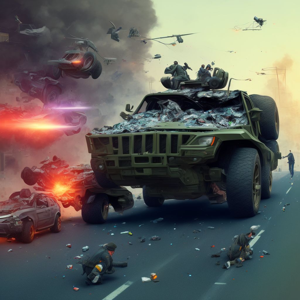 Person on outside of military vehicle injured in traffic accident, subsequent encounter digital illustration