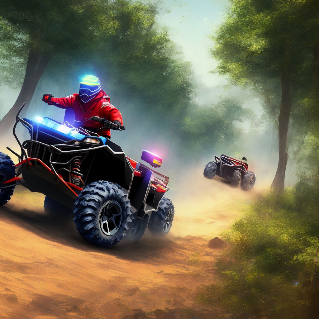 Person on outside of 3- or 4- wheeled all-terrain vehicle (ATV) injured in traffic accident, initial encounter digital illustration