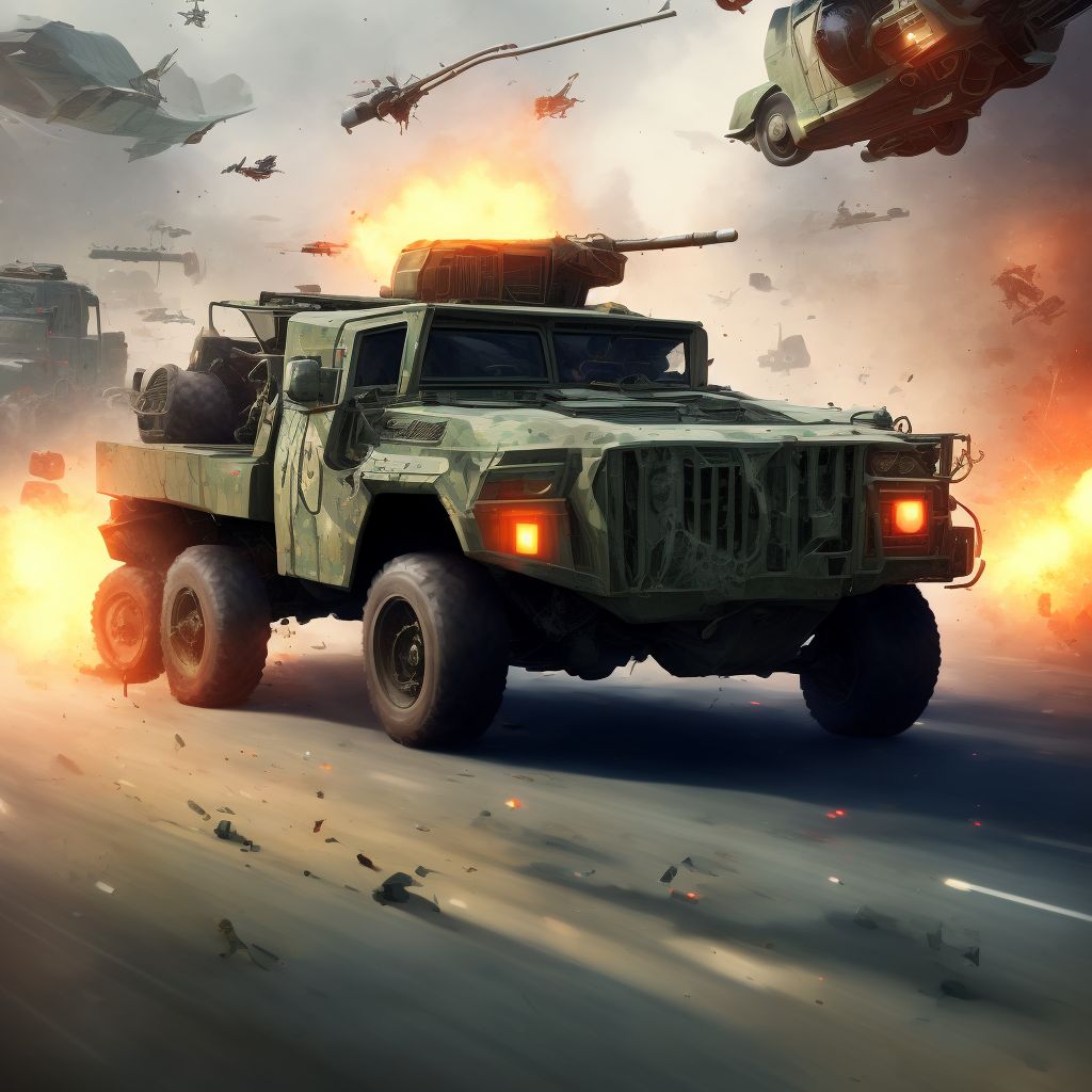 Unspecified occupant of military vehicle injured in traffic accident, sequela digital illustration