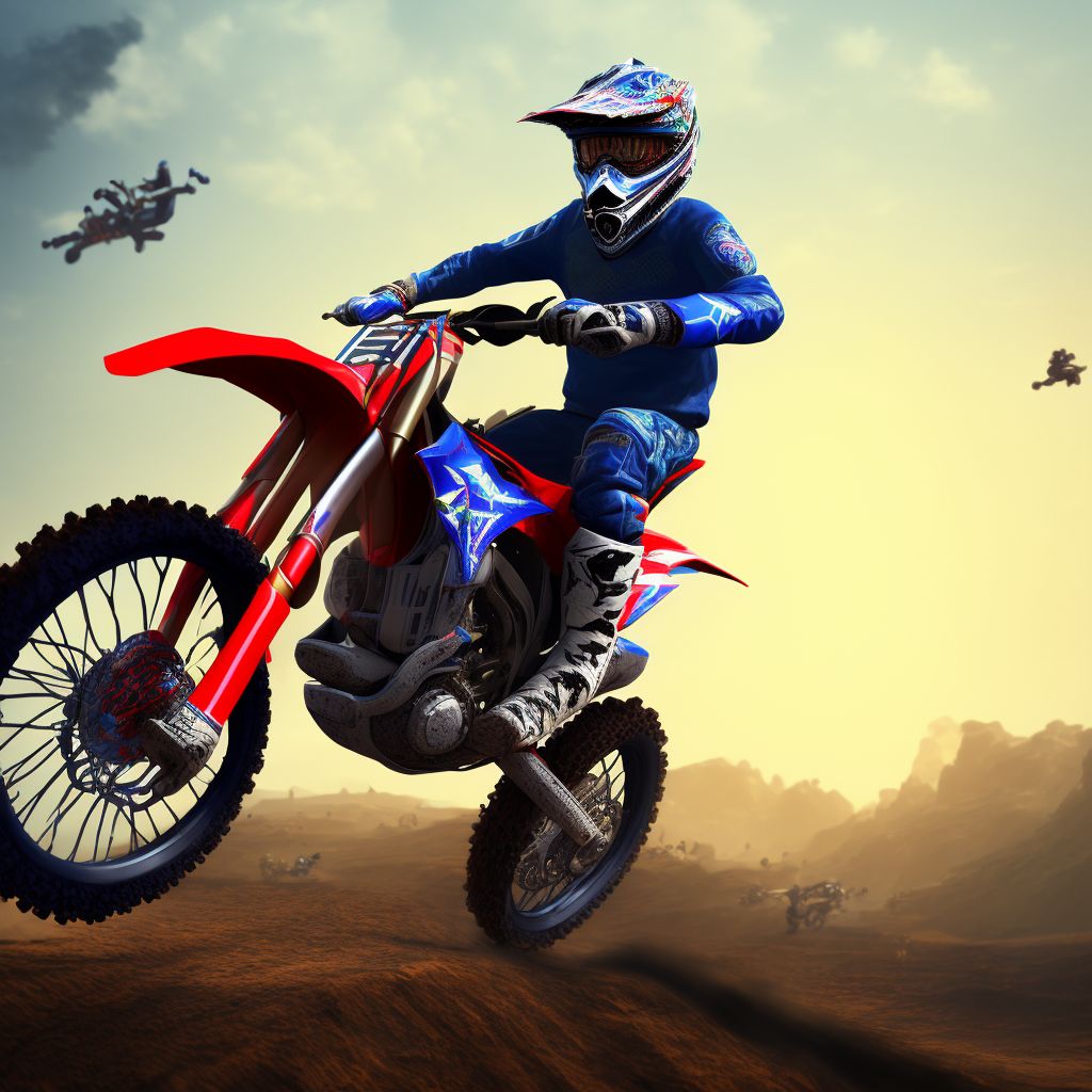 Person injured while boarding or alighting from a dirt bike or motor/cross bike, subsequent encounter digital illustration