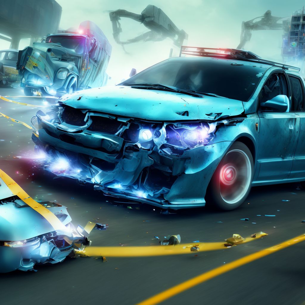 Person injured in collision between car and heavy transport vehicle (traffic), initial encounter digital illustration