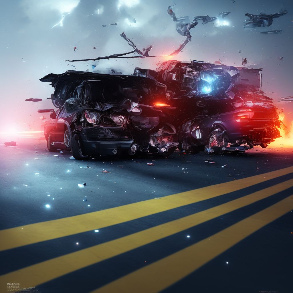 Person injured in collision between car and heavy transport vehicle, nontraffic, subsequent encounter digital illustration