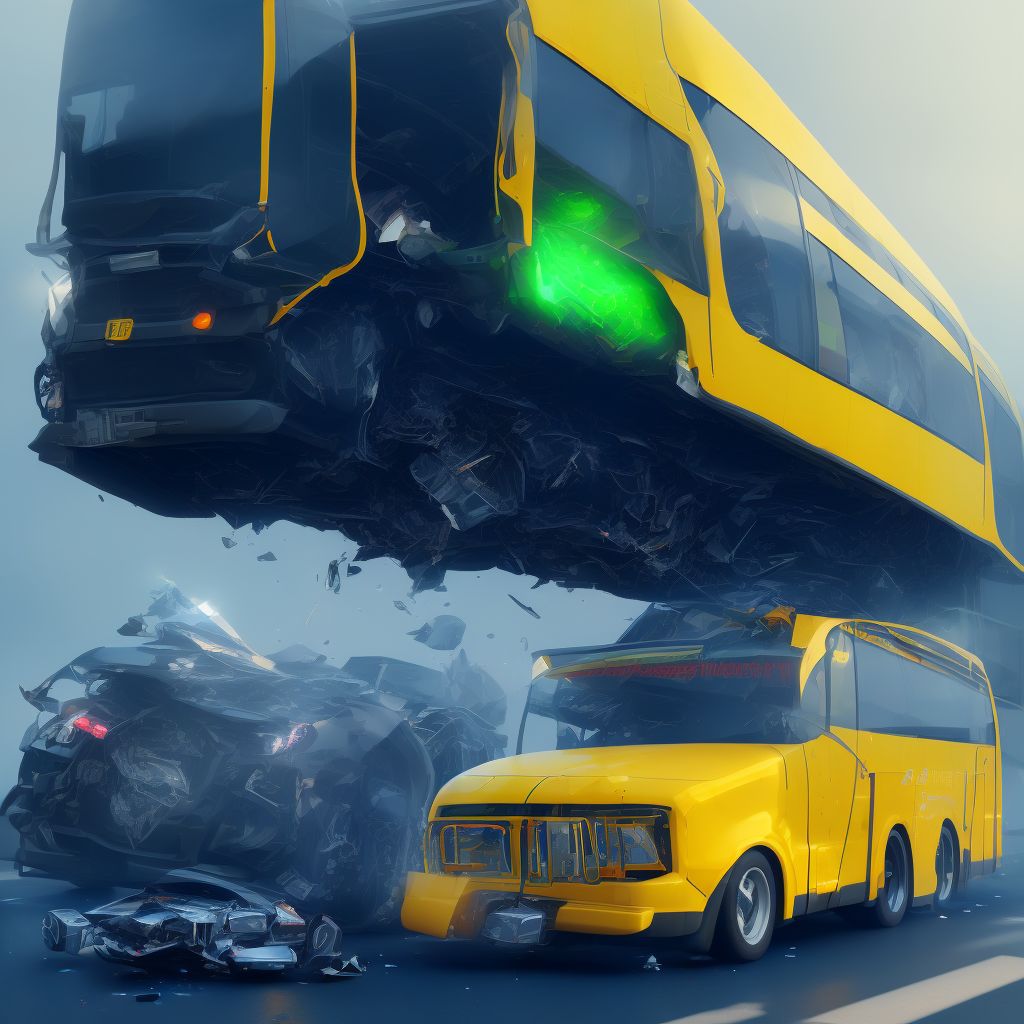 Person injured in collision between heavy transport vehicle and bus, nontraffic, initial encounter digital illustration