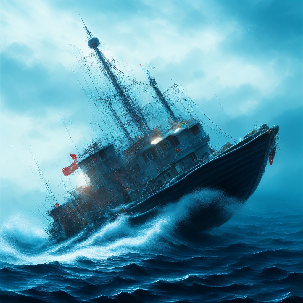 Drowning and submersion due to fishing boat overturning, initial encounter digital illustration