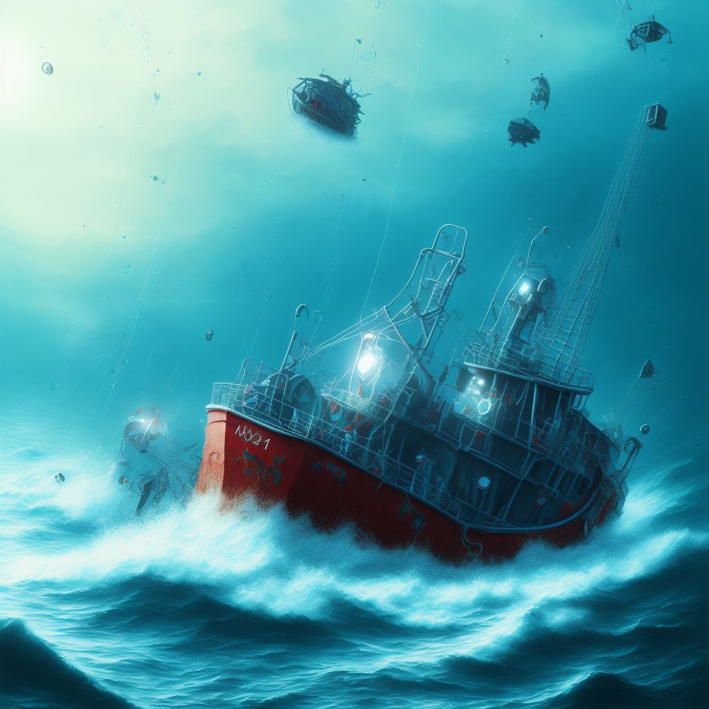 Drowning and submersion due to fishing boat sinking, initial encounter digital illustration