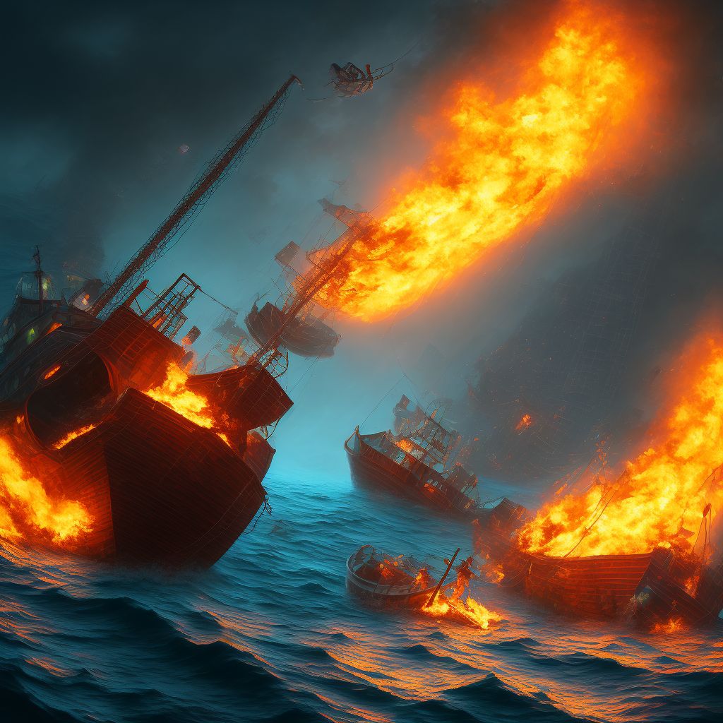 Drowning and submersion due to falling or jumping from burning fishing boat, sequela digital illustration