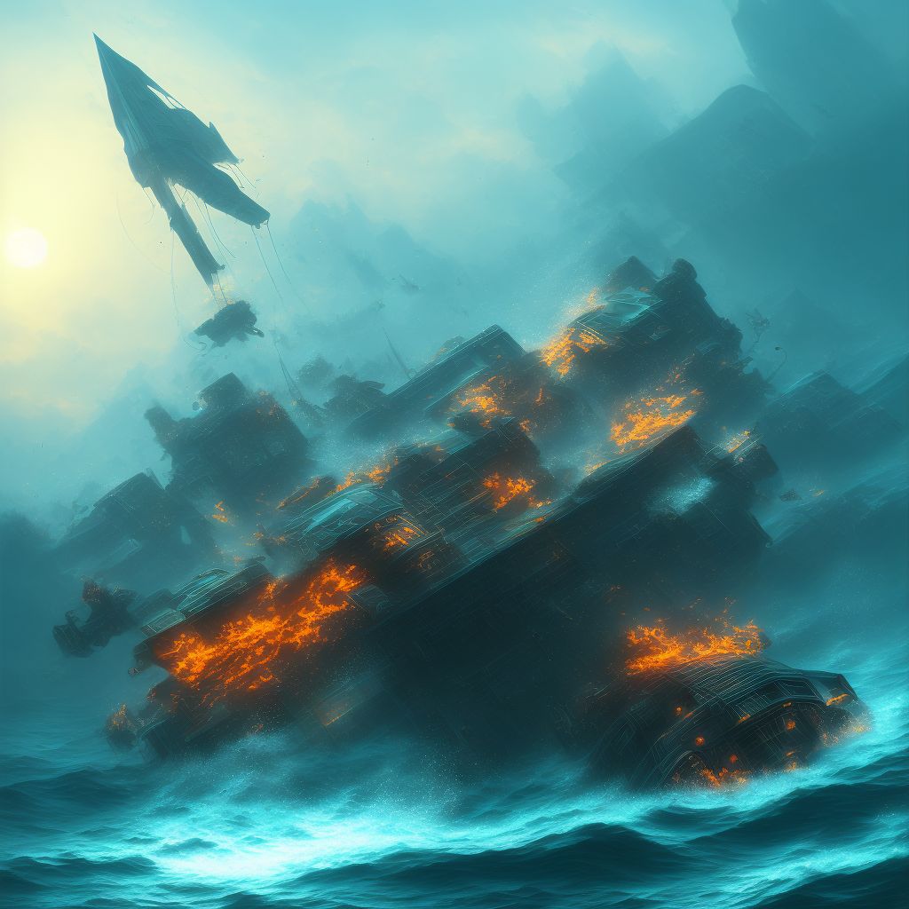 Drowning and submersion due to falling or jumping from other burning powered watercraft, sequela digital illustration