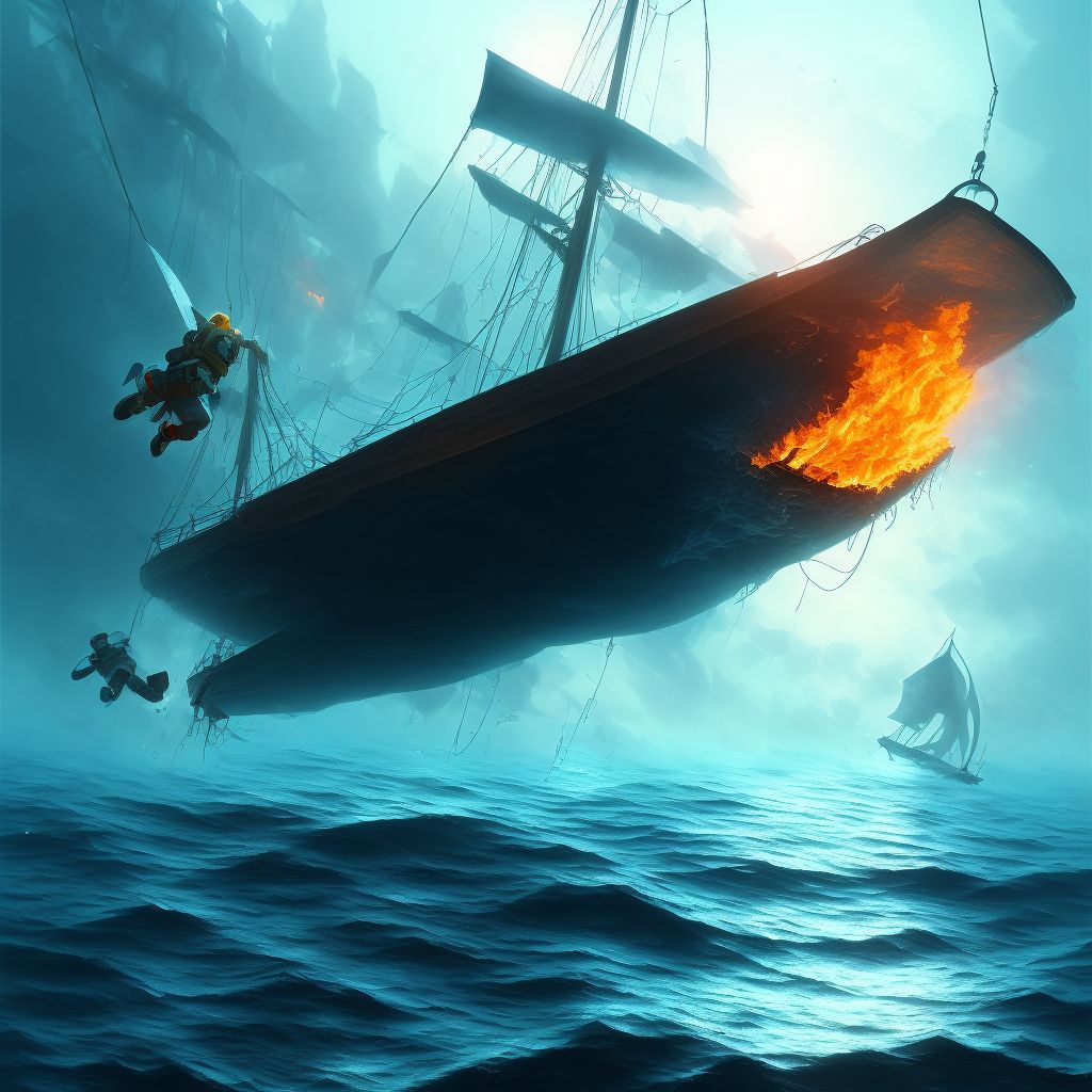 Drowning and submersion due to falling or jumping from burning sailboat, subsequent encounter digital illustration