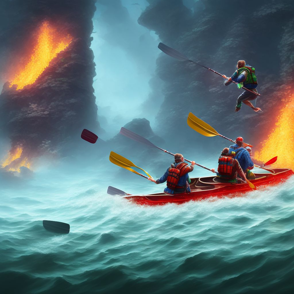 Drowning and submersion due to falling or jumping from burning canoe or kayak, initial encounter digital illustration