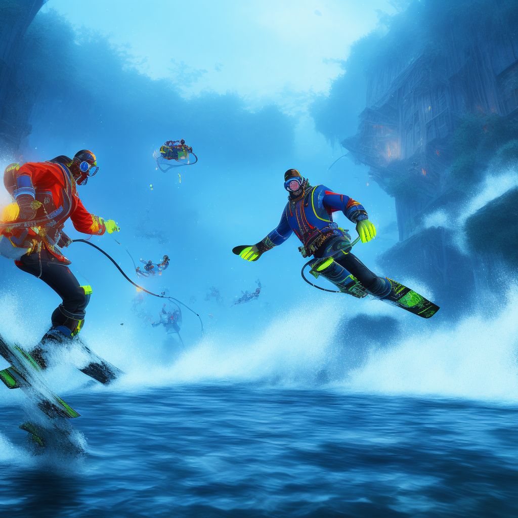 Drowning and submersion due to falling or jumping from burning water-skis, initial encounter digital illustration