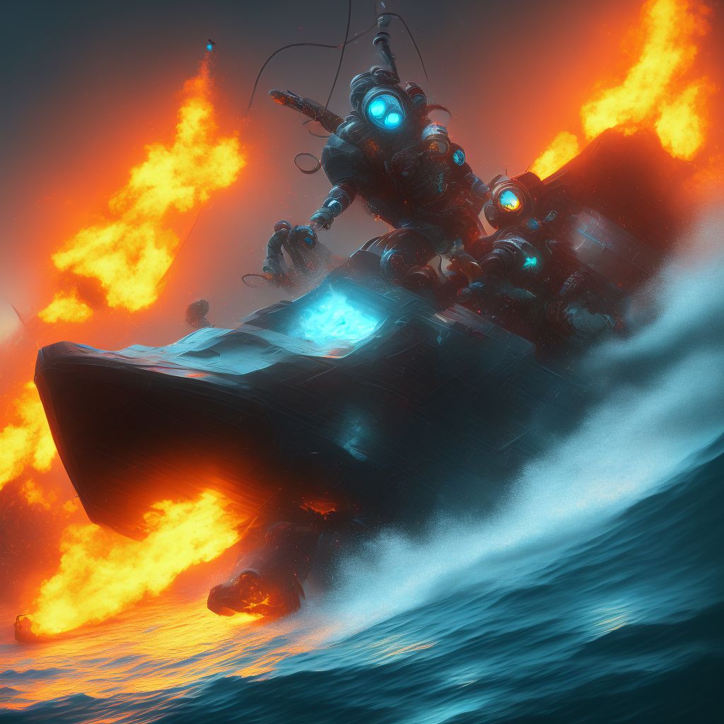 Drowning and submersion due to falling or jumping from other burning unpowered watercraft, sequela digital illustration