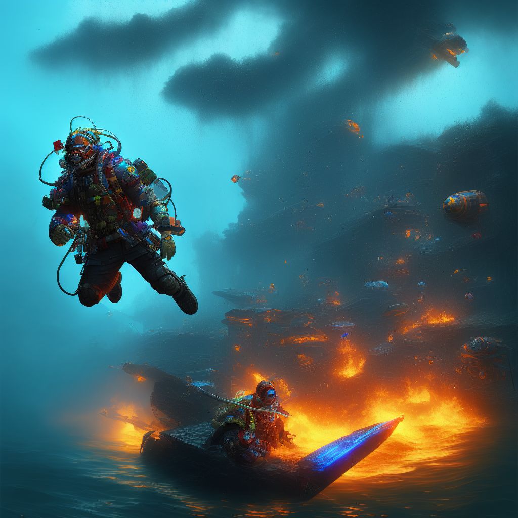 Drowning and submersion due to falling or jumping from unspecified burning watercraft, initial encounter digital illustration