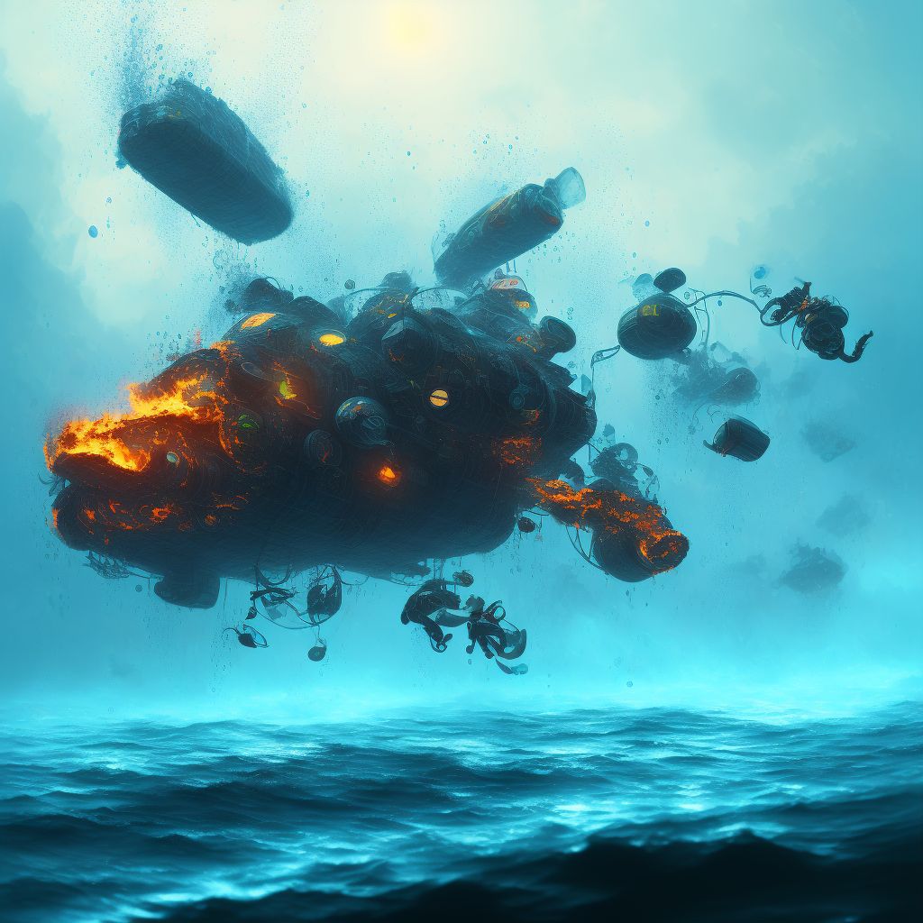 Drowning and submersion due to falling or jumping from unspecified burning watercraft, sequela digital illustration