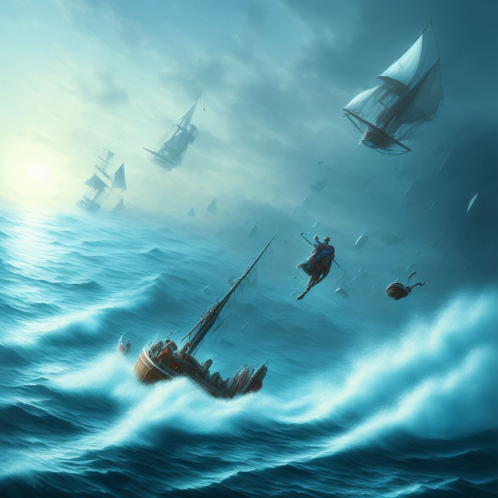 Drowning and submersion due to falling or jumping from crushed sailboat, initial encounter digital illustration