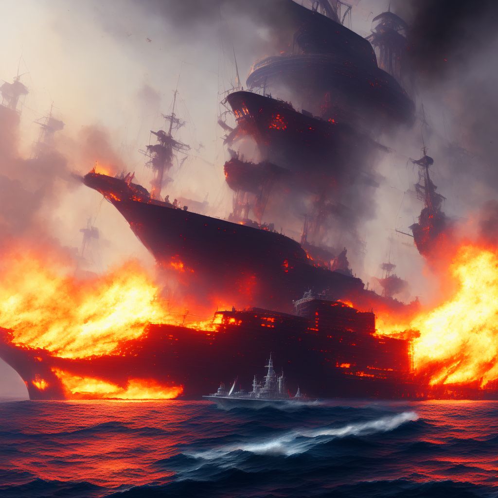 Burn due to merchant ship on fire, initial encounter digital illustration